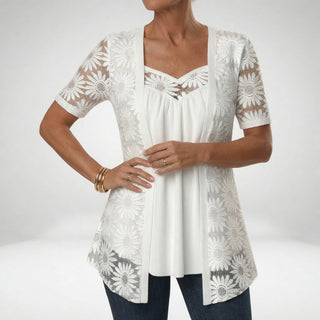 Prudence™ — Elegant feminine short-sleeved white lace blouse