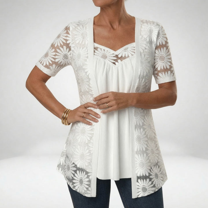 Prudence™ — Elegant feminine short-sleeved white lace blouse