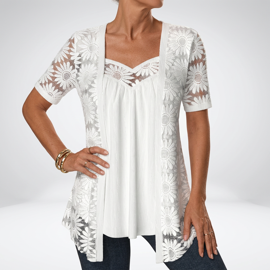Prudence™ — Elegant feminine short-sleeved white lace blouse
