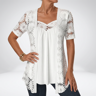 Prudence™ — Elegant feminine short-sleeved white lace blouse