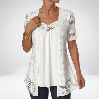 Prudence™ — Elegant feminine short-sleeved white lace blouse