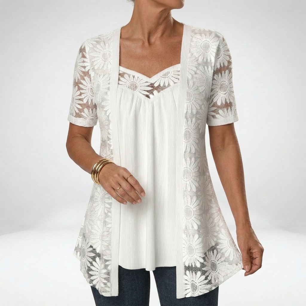 Prudence™ — Elegant feminine short-sleeved white lace blouse