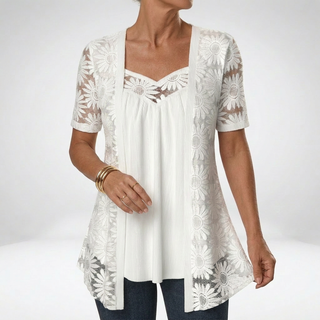 Prudence™ — Elegant feminine short-sleeved white lace blouse