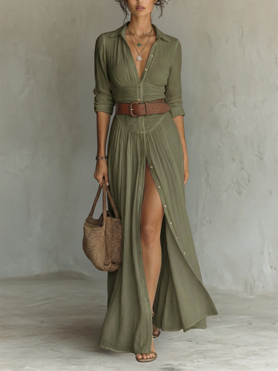 Amélia™ — Elegant maxi dress with a notched collar
