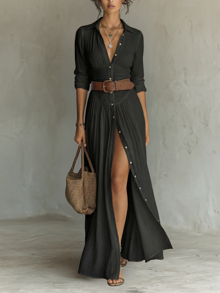 Amélia™ — Elegant maxi dress with a notched collar