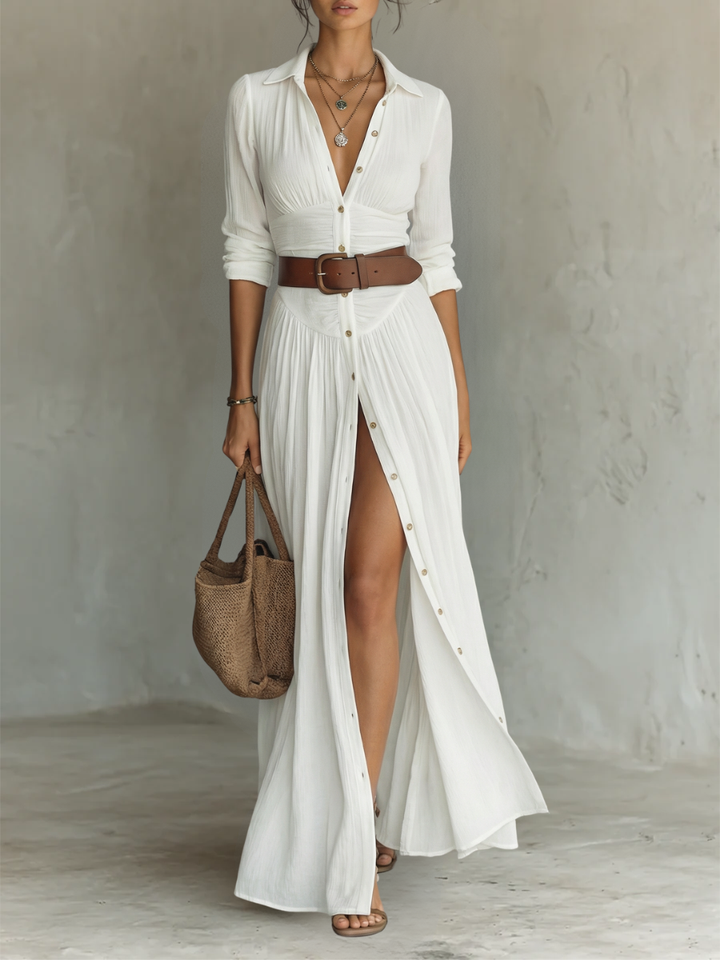 Amélia™ — Elegant maxi dress with a notched collar