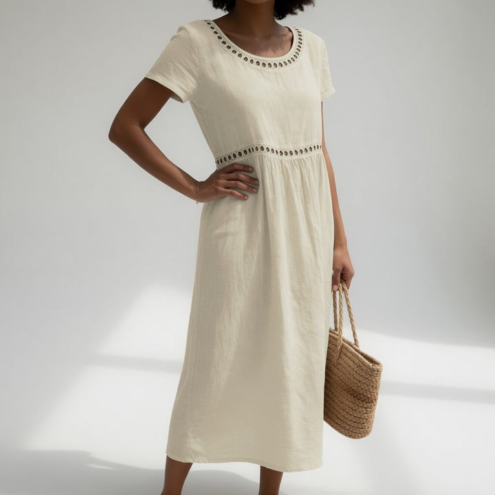 Pernelle™ — Mid-length dress, 100% cotton, embroidered, soft femininity